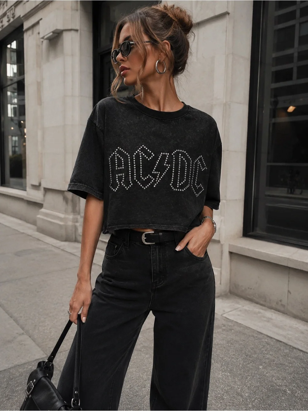 AC/DC | Tops | Acdc Rhinestone Studded Graphic Crop Tee Acid Wash Black ...